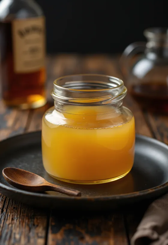 Bourbonnal ízesített ghee üvegben, gazdag aranyszínű zsiradék