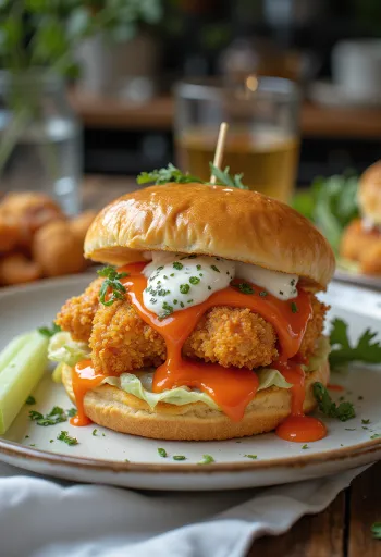 Buffalo csirkés hamburger ropogós panírral és csípős szószban