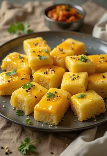 Cheese Dhokla aranybarna, sajtos darabokként tálalva, friss fűszerekkel