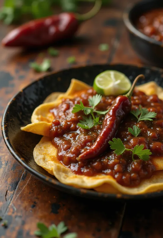 Chilaquiles con salsa de chile pasilla – piros szósszal, ropogós tortilla darabokkal, reszelt sajttal és tejföllel tálalva