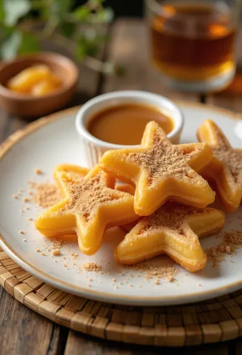 Churros karamellel, karamellás mártással tálalva