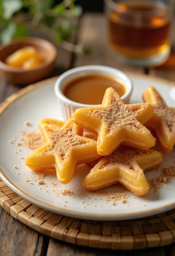 Churros karamellel, karamellás mártással tálalva
