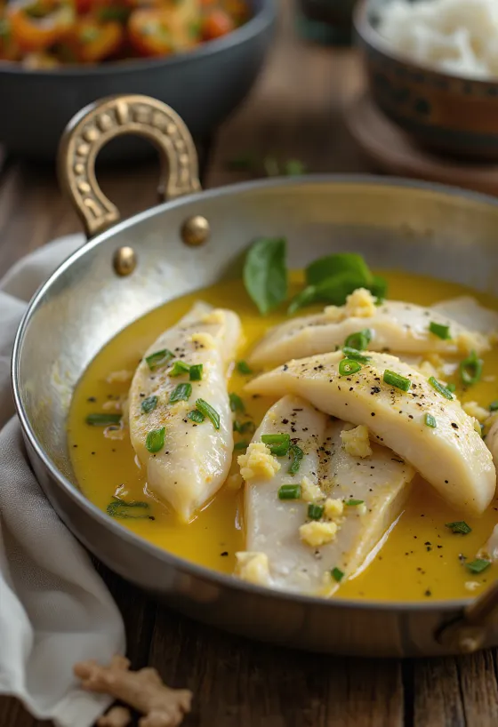 Doi ilish gyömbérrel, joghurtos szószban tálalva egy mély tálban
