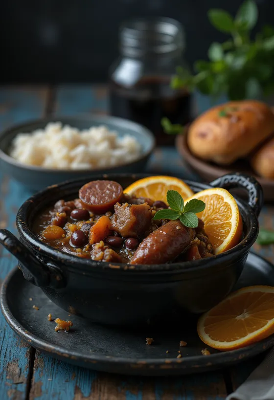 Feijoada tálalva rizzsel és narancsszeletekkel