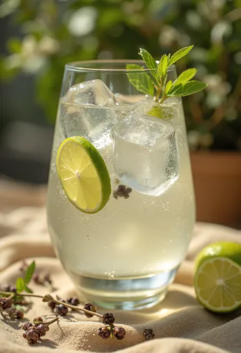 Gin Tonic lime szeletekkel és jégkockával díszítve