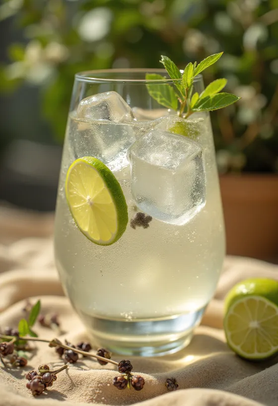 Gin Tonic lime szeletekkel és jégkockával díszítve