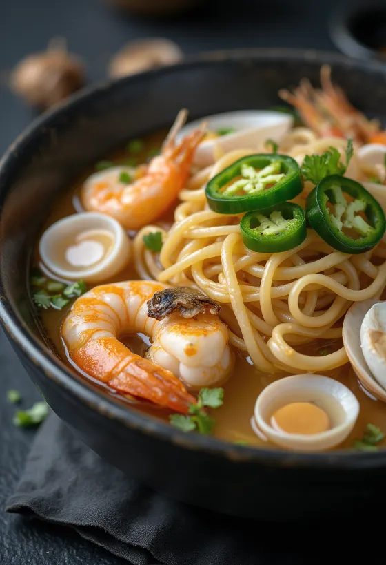 Godong kalguksu, tálalva tenger gyümölcseivel és friss korianderlevelekkel