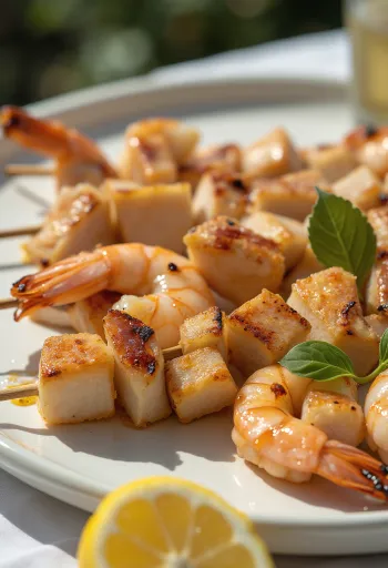 Grillezett garnéla és csirke tálalva