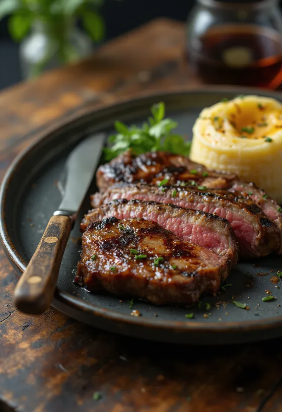 Grillezett marhahús burgonyapürével tálalva