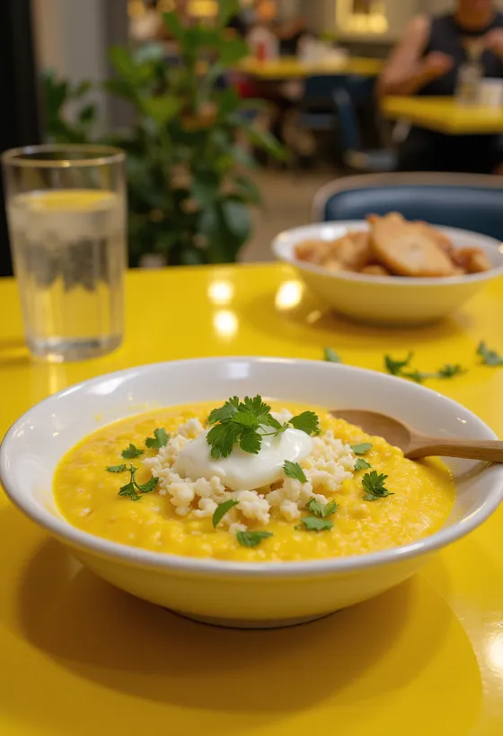 Humita al plato, friss kukoricából készült étel túróval és korianderrel díszítve