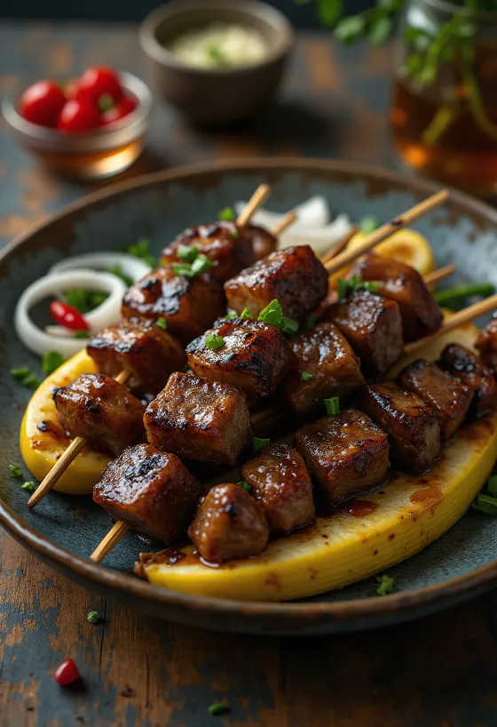 Kecske Satay, grillen sült kecskehús mogyoróvajas pácban