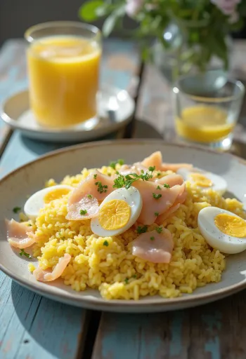 Kedgeree tojással, füstölt hallal és friss petrezselyemmel