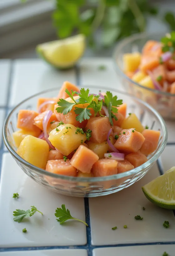 Lomi salmon ananásszal friss zöldségekkel és pikáns ízekkel