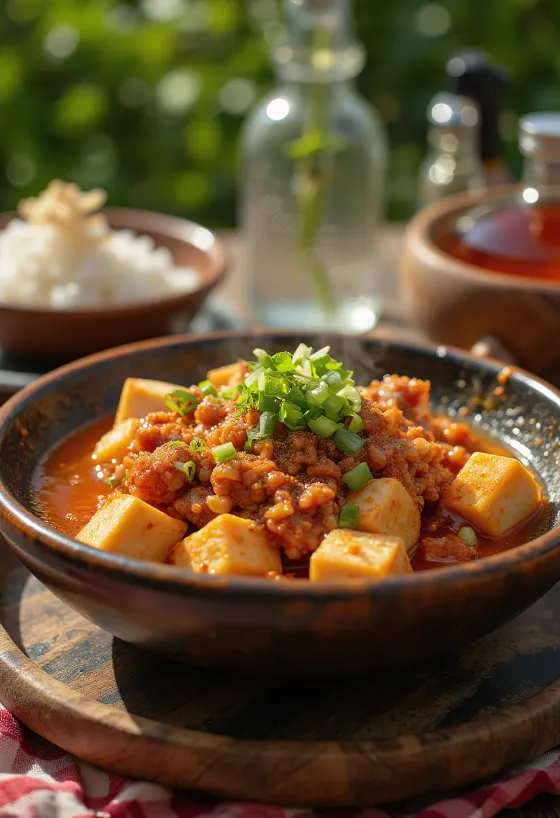 Mapo Tofu, szecsuáni tofu darált sertéshússal és fűszeres szósszal