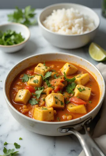 Moqueca vegana tálalva, tofuval, friss zöldségekkel és korianderrel