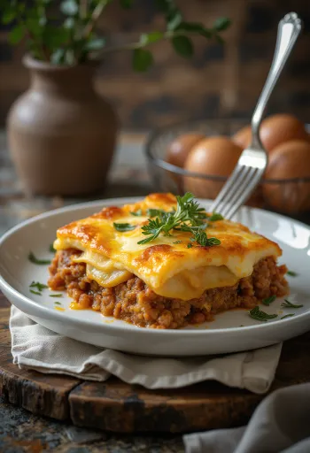 Moussaka burgonyával, padlizsánnal, darált hússal és tojásos-tejfölös szósszal