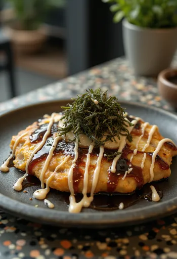 Okonomiyaki japán palacsinta tálalva