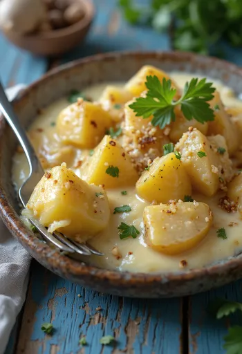 Papas chorreadas kókusztejjel, krémes burgonyával és friss korianderrel tálalva