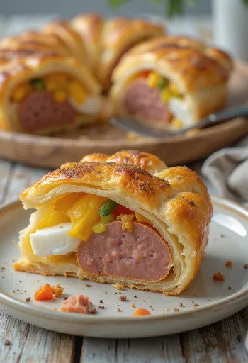 Pastel Tutup kolbásszal és tojással, aranybarna tésztában, frissen tálalva