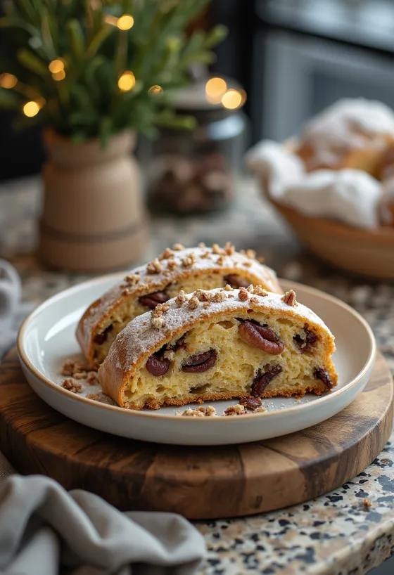 Pekándiós Stollen tálalva