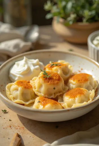 Pierogi fűszeresen, fűszeres túrós töltelékkel tálalva