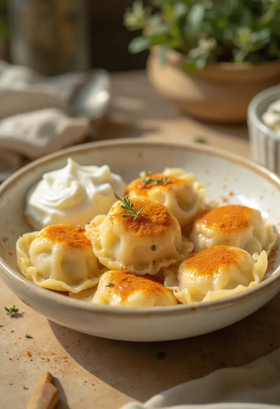 Pierogi fűszeresen, fűszeres túrós töltelékkel tálalva