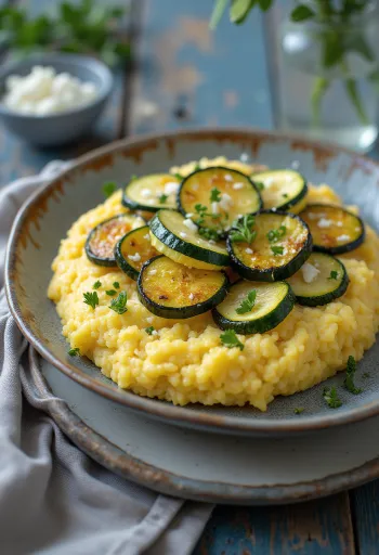 Polenta sült cukkínivel, krémes alap ropogós zöldségkarikákkal tálalva