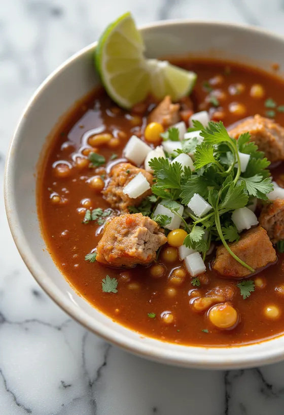 Pozole con chile guajillo tálalva lime szeletekkel és korianderrel