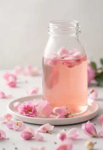 Probiotikus rózsa kombucha üvegpohárban, enyhén pezsgő rózsaszín ital