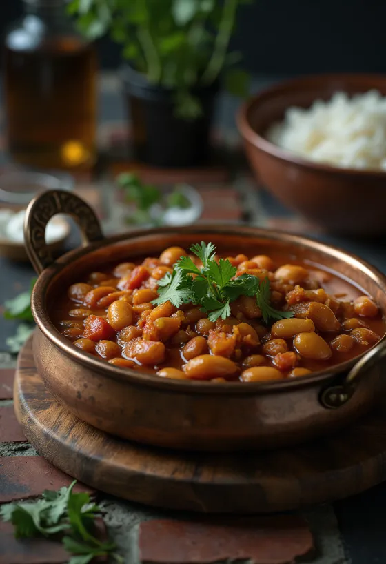 Rajma masala, vörös babos curry, tálalva friss korianderrel és rizssel