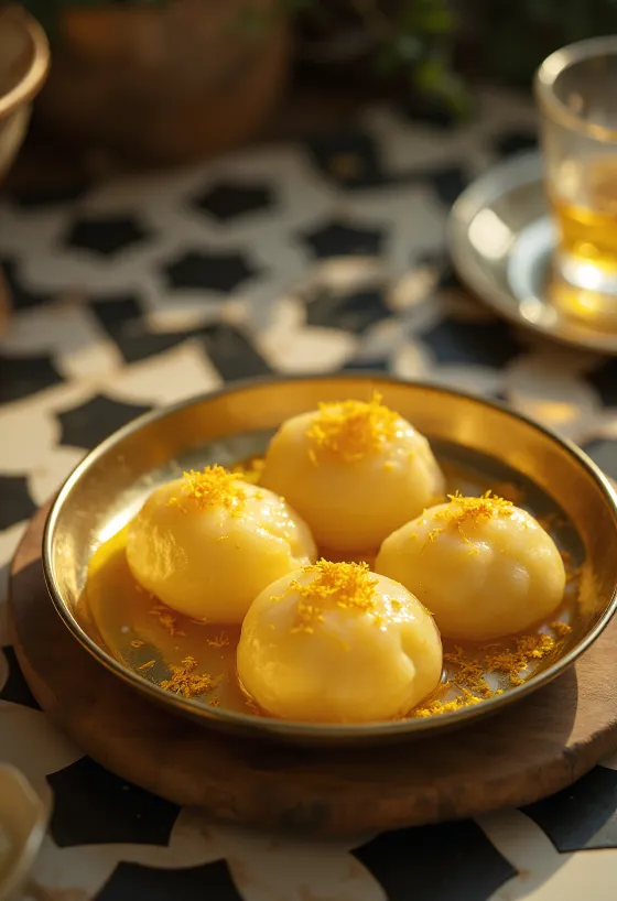 Sáfrányos Rasgulla, sáfrányos szirupban úszó túrós golyókkal