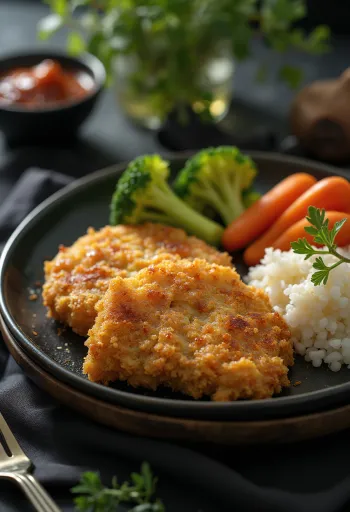 Tonkatsu tál zöldségekkel pulykacombokkal és párolt zöldségekkel tálalva