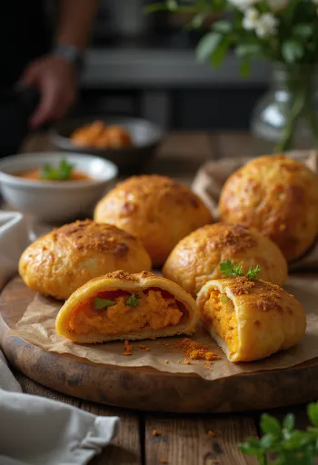 Vetkoek édesburgonyás töltelékkel, indiai étel, ropogós batyuk friss töltelékkel