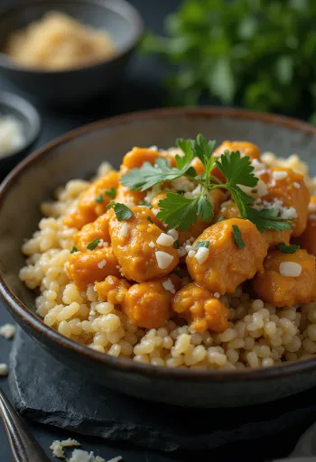 Ají de gallina csirke quinoa körettel, korianderrel tálalva
