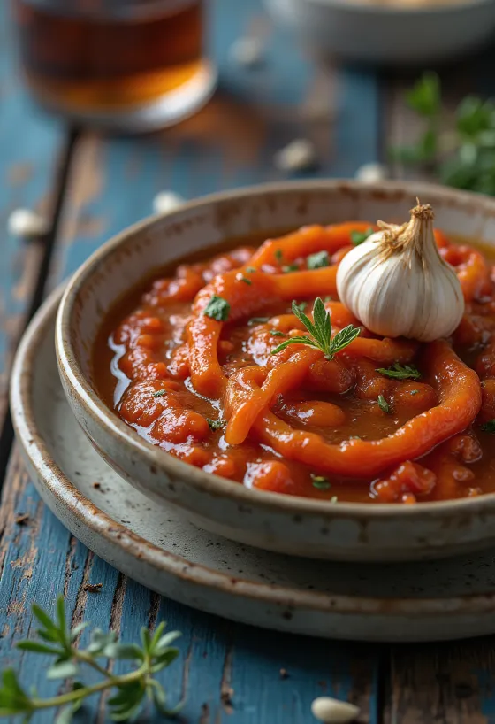 Ajvar olívaolajjal tálalva, friss fűszerekkel díszítve