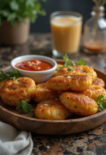 Akara golyók paradicsomszósszal tálalva, friss korianderrel díszítve