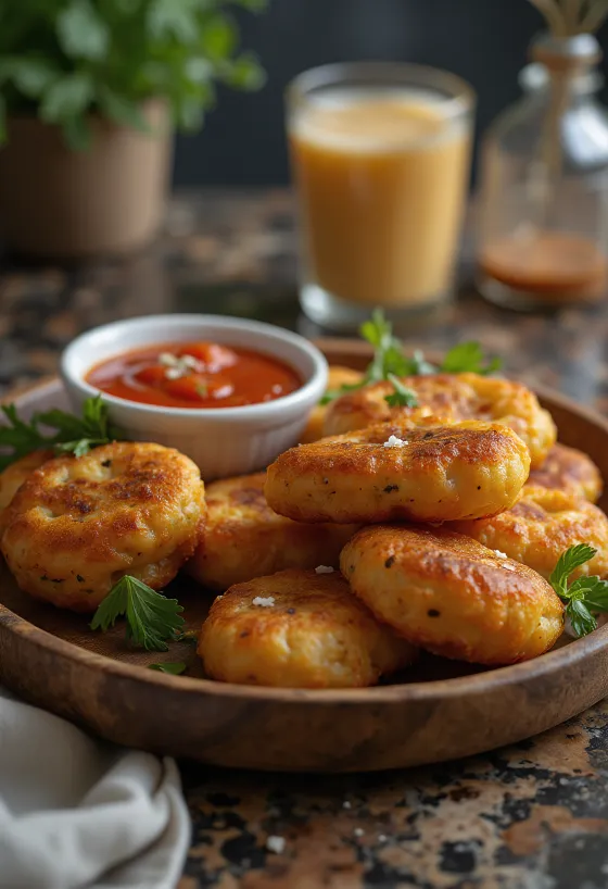 Akara golyók paradicsomszósszal tálalva, friss korianderrel díszítve