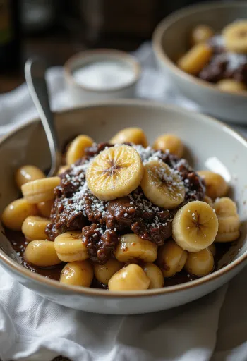 Banános és csokoládés gnocchi tálalva