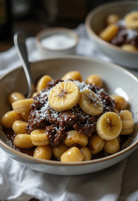 Banános és csokoládés gnocchi tálalva