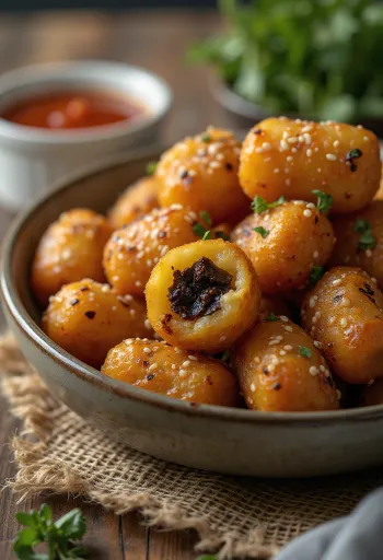 Black pudding tater tots, aranybarna ropogós tater totok black puddinggal, friss szezámmaggal