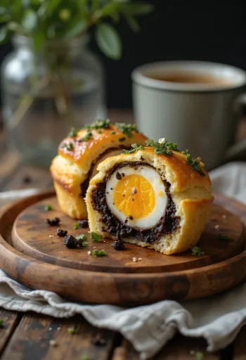 Black pudding tojásos muffin, a tetején fényes tojással