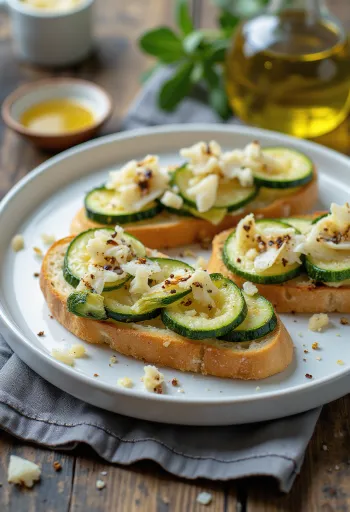 Bruschetta cukkínivel, parmezán sajttal és bazsalikommal díszítve