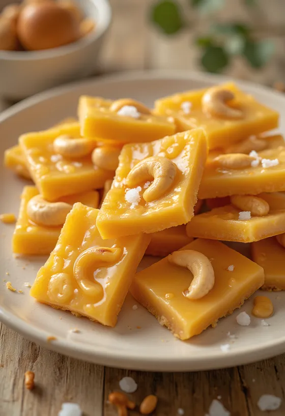 Chikki kesudióval, ropogós és édes édesség kesudióval és karamellizált cukorral