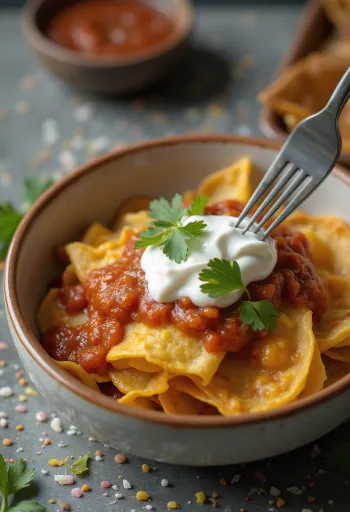 Chilaquiles con salsa de chipotle – piros szósszal, ropogós tortilla darabokkal, reszelt sajttal és tejföllel tálalva