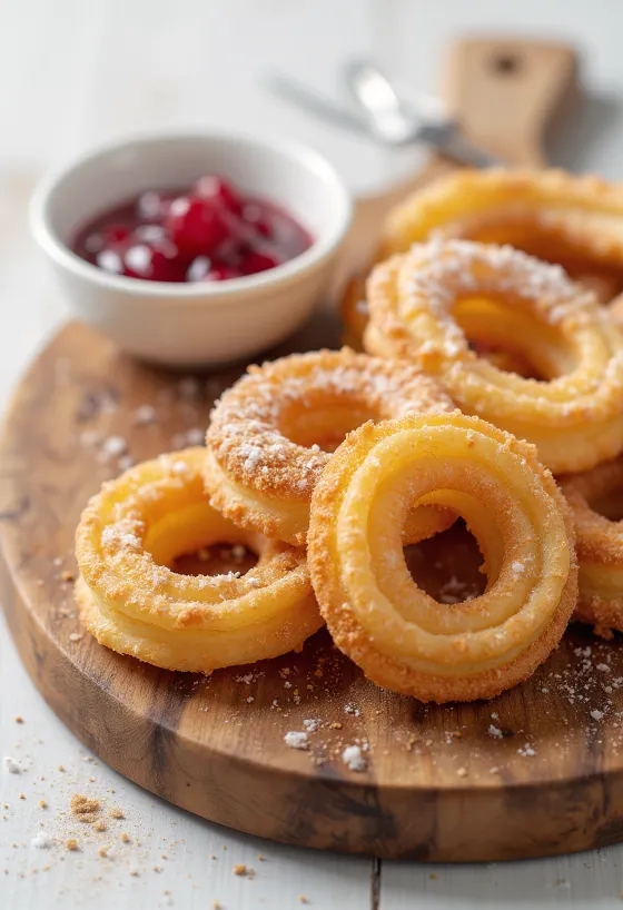 Churros lekvárral, friss aranybarna churros gyümölcslekvárral tálalva