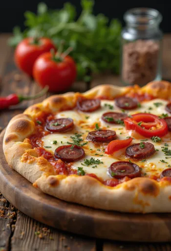 Diavola pizza füstölt kolbásszal tálalva