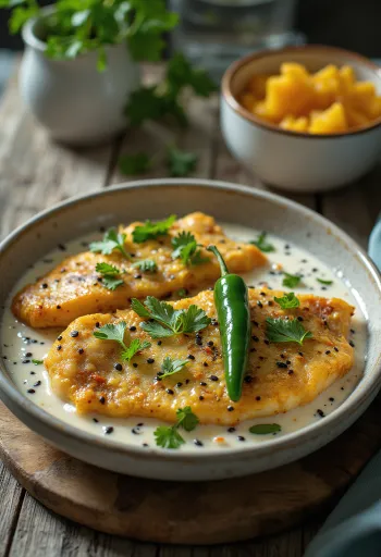 Doi Ilish nigella maggal, joghurtos szósszal tálalva, friss korianderrel.
