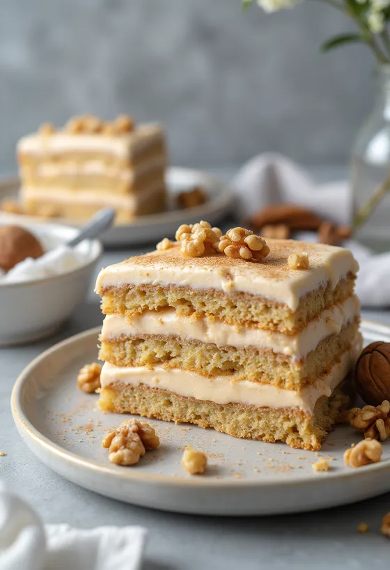 Fahéjas torta diós krémmel tálalva