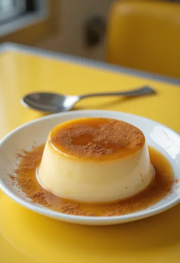 Flan fahéjjal tálalva, egy szép tányéron