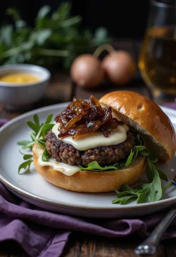 Frissen készült francia hamburger brie sajttal és dijoni mustárral